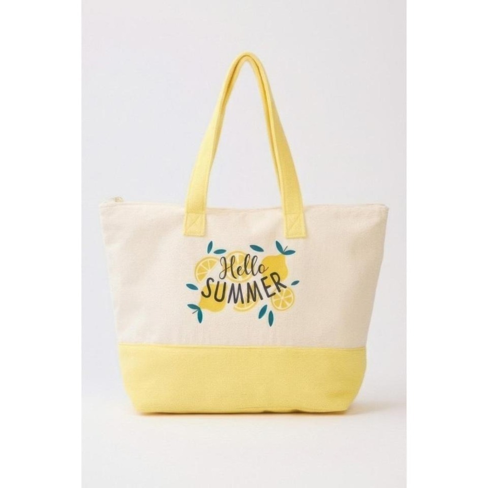 Hello Summer Lemon Beach Tote Bag‎ Canvas Yellow Casual Vacation Bag